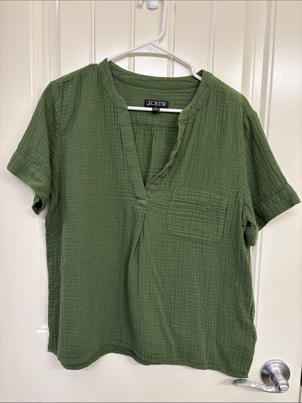J. Crew Olive Green Cotton Gauze Split V-Neck Pocket Top -‎ Women's